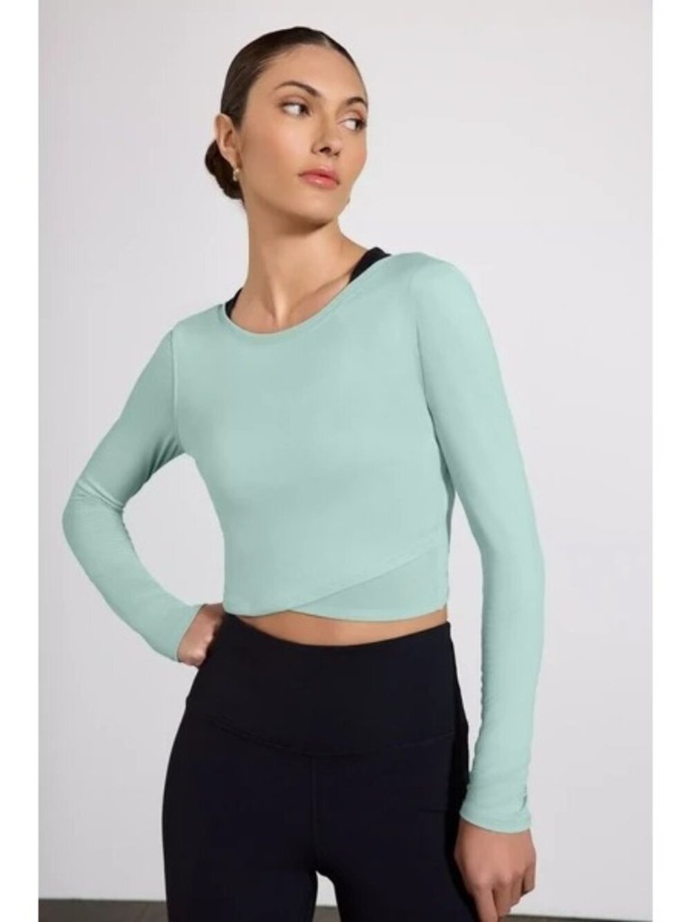 MPG Pace Wrap Long Sleeve Tee Womens Size L Light Blue Cropped Yoga Pilates Top